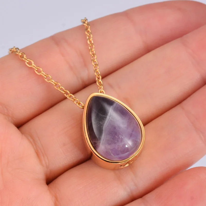 Natural Stone Amethysts Turquoises Pendant Teardrop Stainless Steel Cremation Urn Necklace Pendant WaterDrop Memorial Jewelry