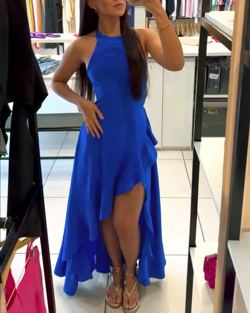 

Womens Dresses Halter Sleeveless A Line Dress Casual Ruffles Side Slit Maxi Dress Sexy Tight Fitting Hip Hugging Elegant Dress