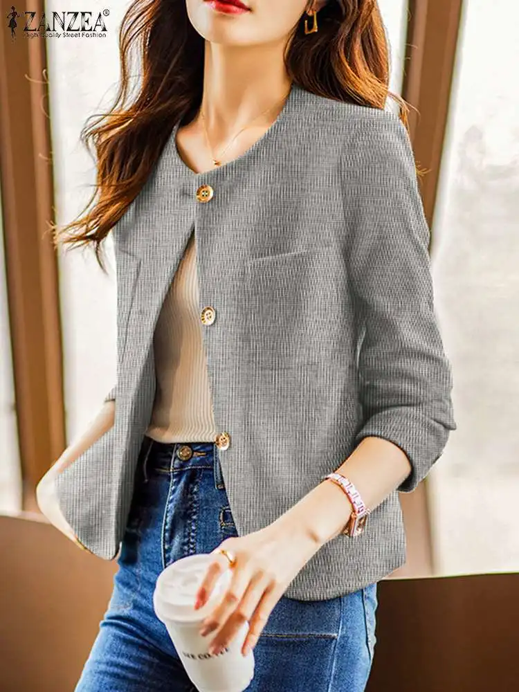 ZANZEA Women Fashion Solid Blazer Women O Neck Long Sleeve Jackets Autumn Casual Coats Suits Outwear Vintage Office Shirt 2023