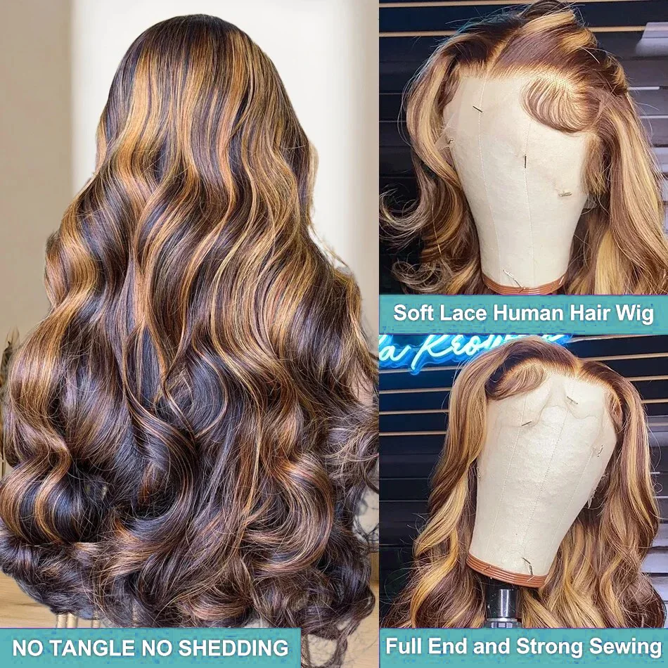 Wig rambut manusia bagian depan berenda pirang Wig tubuh gelombang 13x6 Wig rambut manusia bagian depan berenda untuk Wig Ombre Hightlight wanita