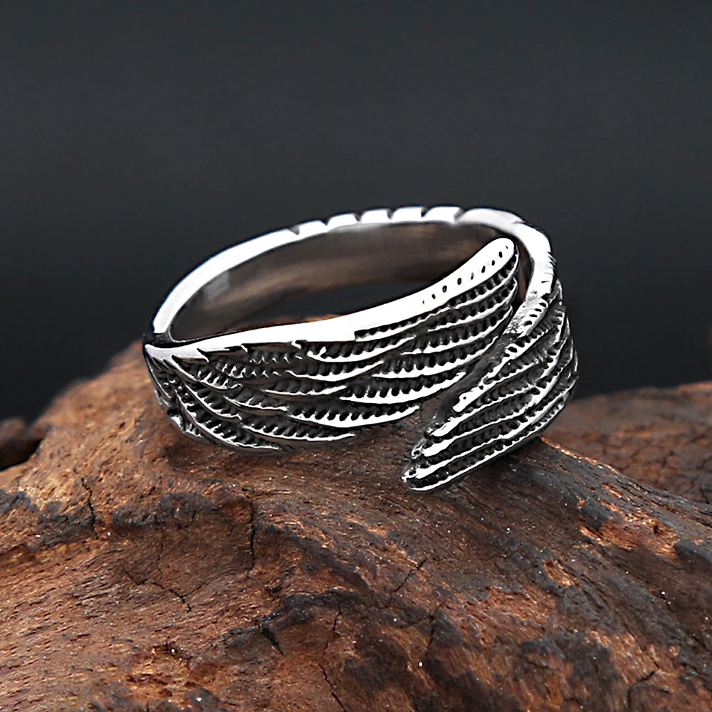 Punk Fashion 316L Stainless Steel Angel Wings Ring For Men Women Simple Trendy Cool Opening Ring Biker Jewelry Gifts Wholesale