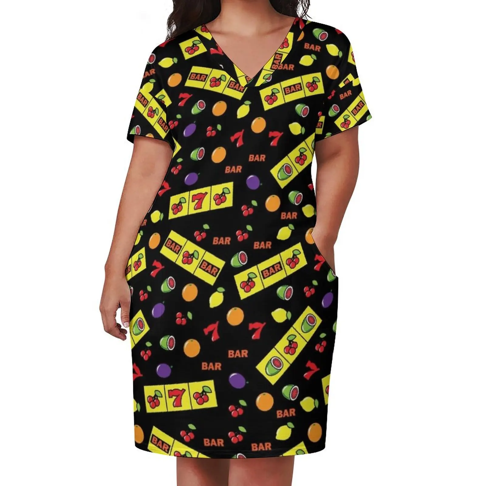 Casino Lucky Slots Cherry Melon Lemon Fruit Pattern Loose Pocket Dress dresses for special events women party dresses