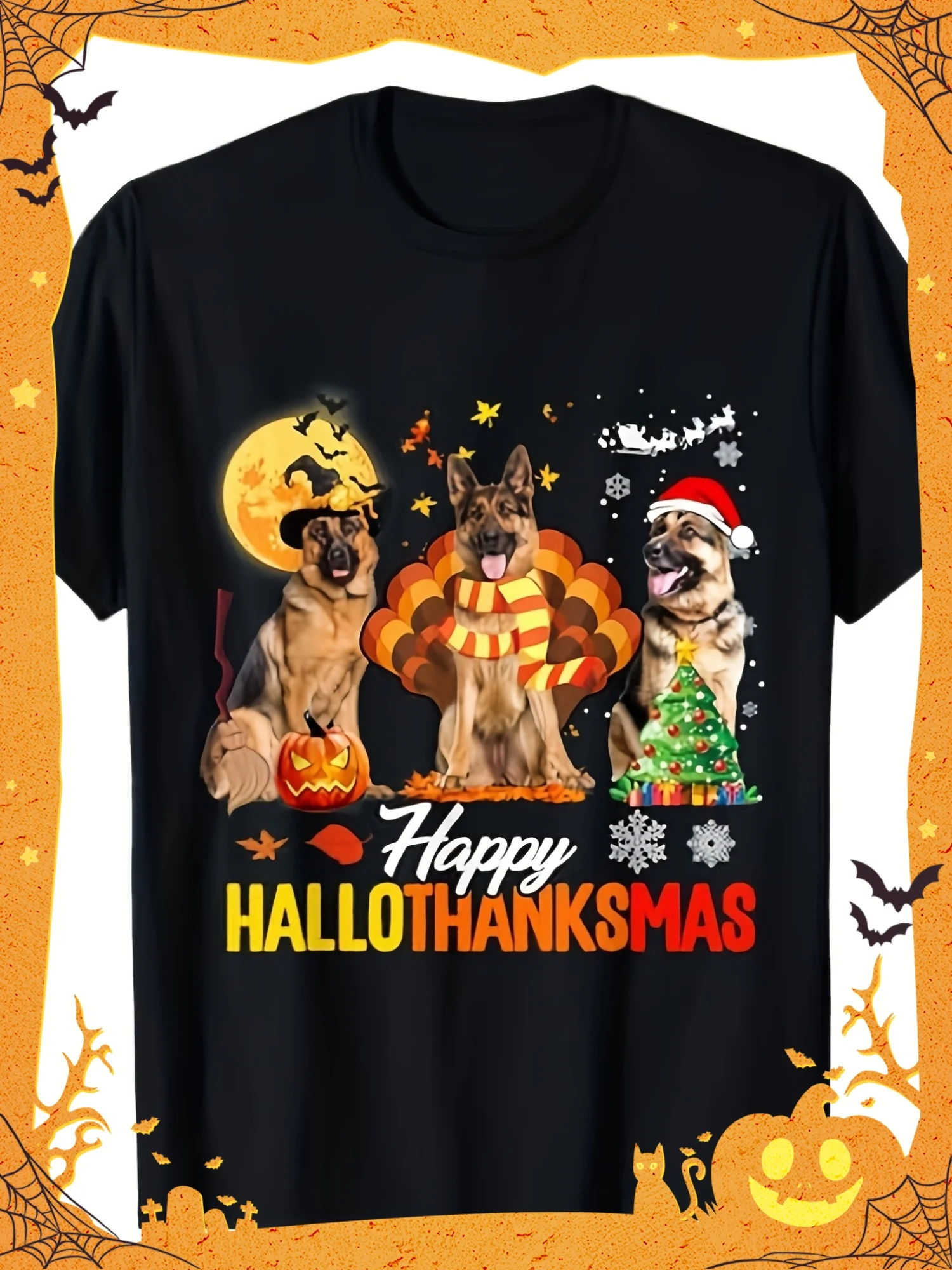 Men's and Women's German Shepherd Halloween Thanksgiving Christmas Combination T-Shirt - Black