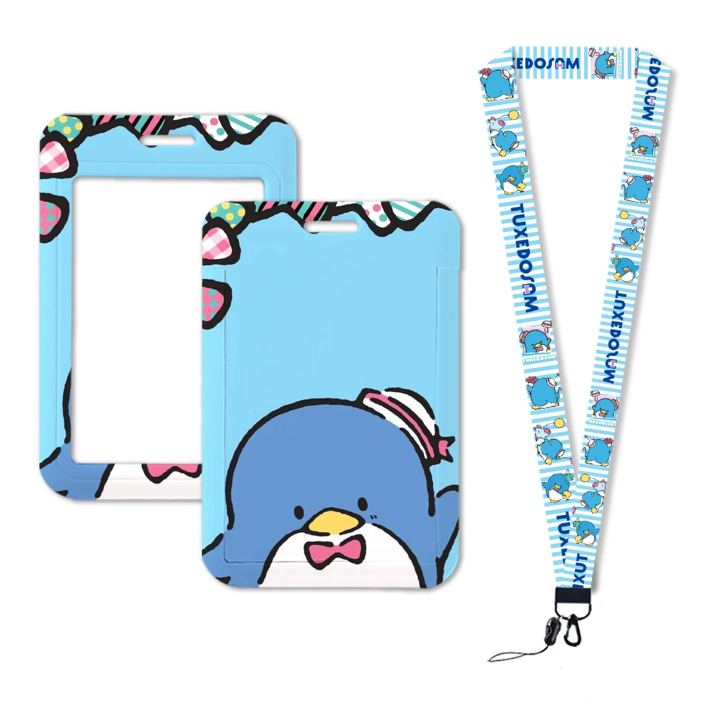 سانريو سام البطريق سهرة سام الرقبة حزام البوليستر القرطاسية حامل بطاقات التعريف الشخصية سلسلة مفاتيح قصيرة ID شارة حامل شنق حبل كيرينغ