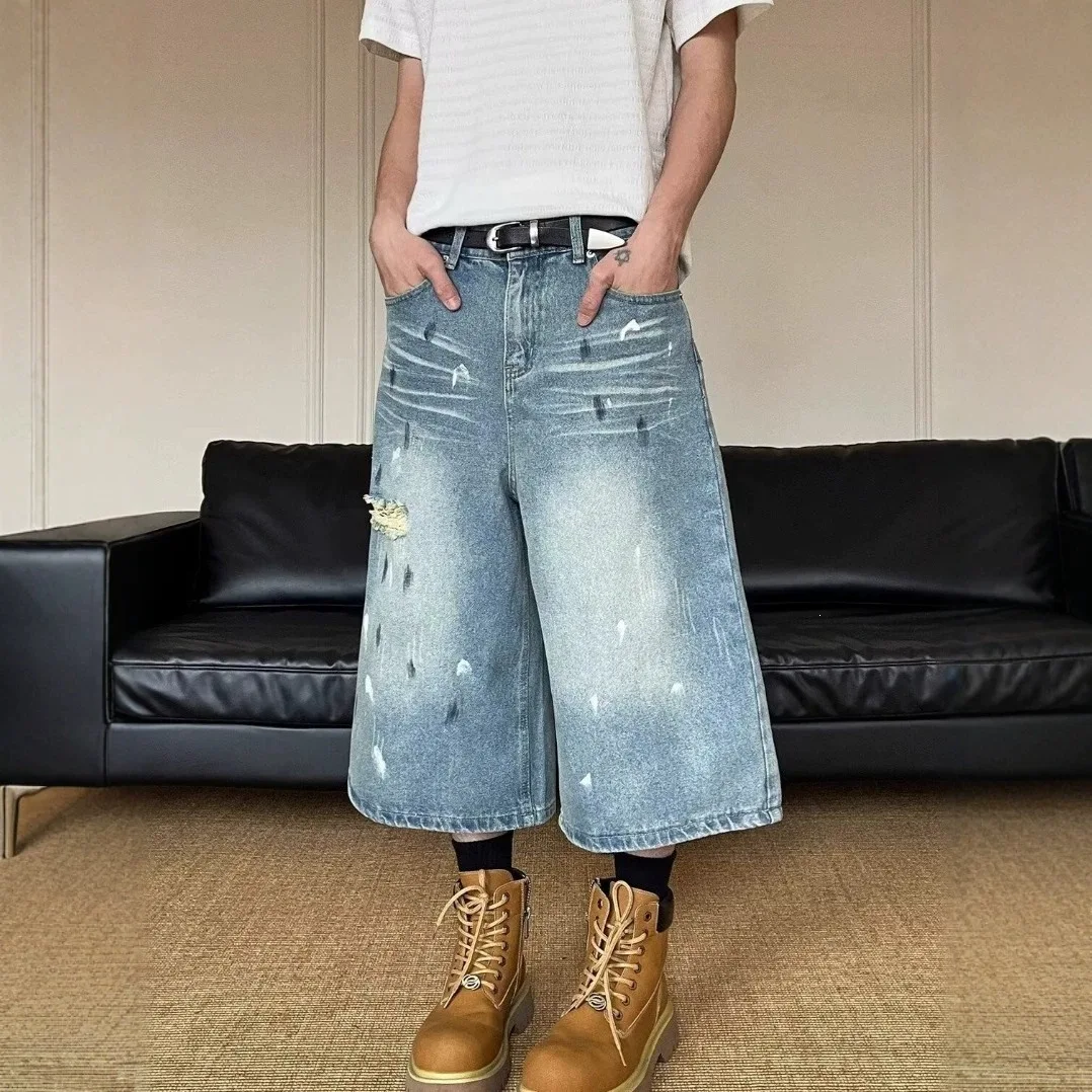2026 American Retro Trend Ink-splashing Washed Ripped Jeans Men's Summer Loose Straight Cropped Pants