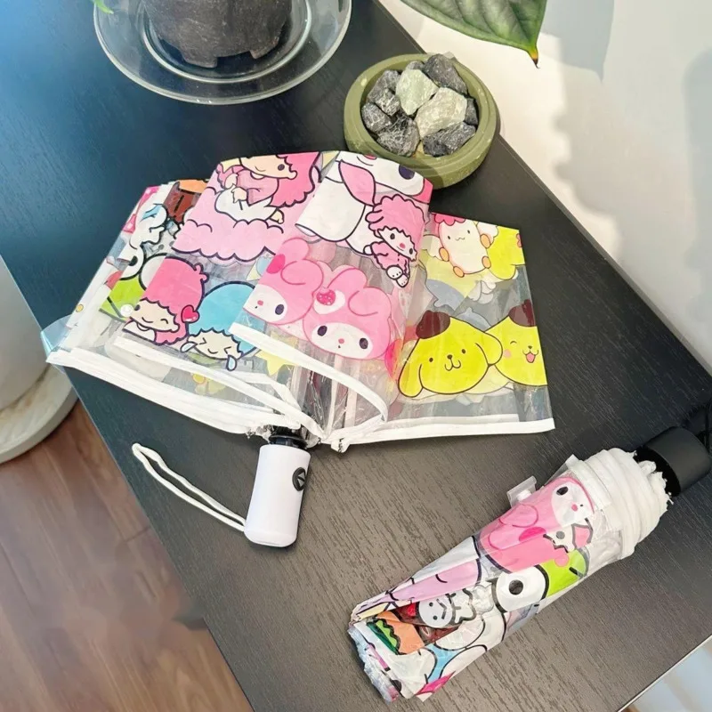 Sanrio Hello Kitty Cinnamoroll My Melody Kuromi Pom Purin Pochacco Paraguas transparente Paraguas plegable con estampado de dibujos animados lindo