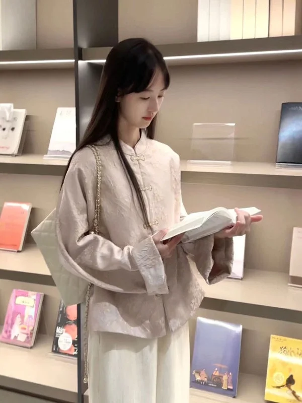 

New Chinese Style Set Gentle Elegant Wide Leg Pants Whole Set OOTD Spring Outfit Comfortable Long Sleeve High Collar Button up