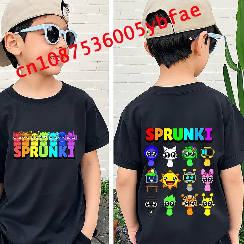 2025 Sprunki zwarte cartoon top met pure mouwen voor jongens en meisjes Leuke karakters bedrukte kinderkleding kinder T-shirt kort-