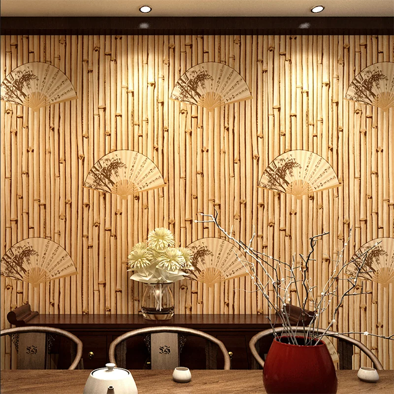 

New Chinese style retro wallpaper imitating classical Zen imitating wood grain log color bamboo tea room teahouse wallpaper