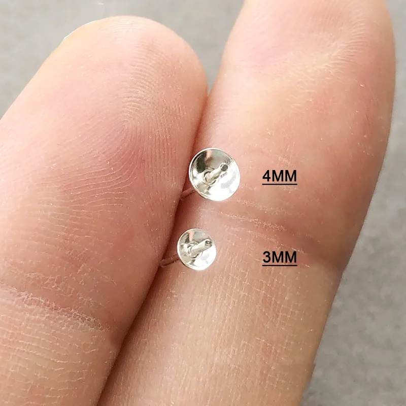 Real  925 Sterling Silver Pearl Cup 3MM/4MM Cup & Double Notch for Jewelry Making Handmde DIY Earrings Accessories