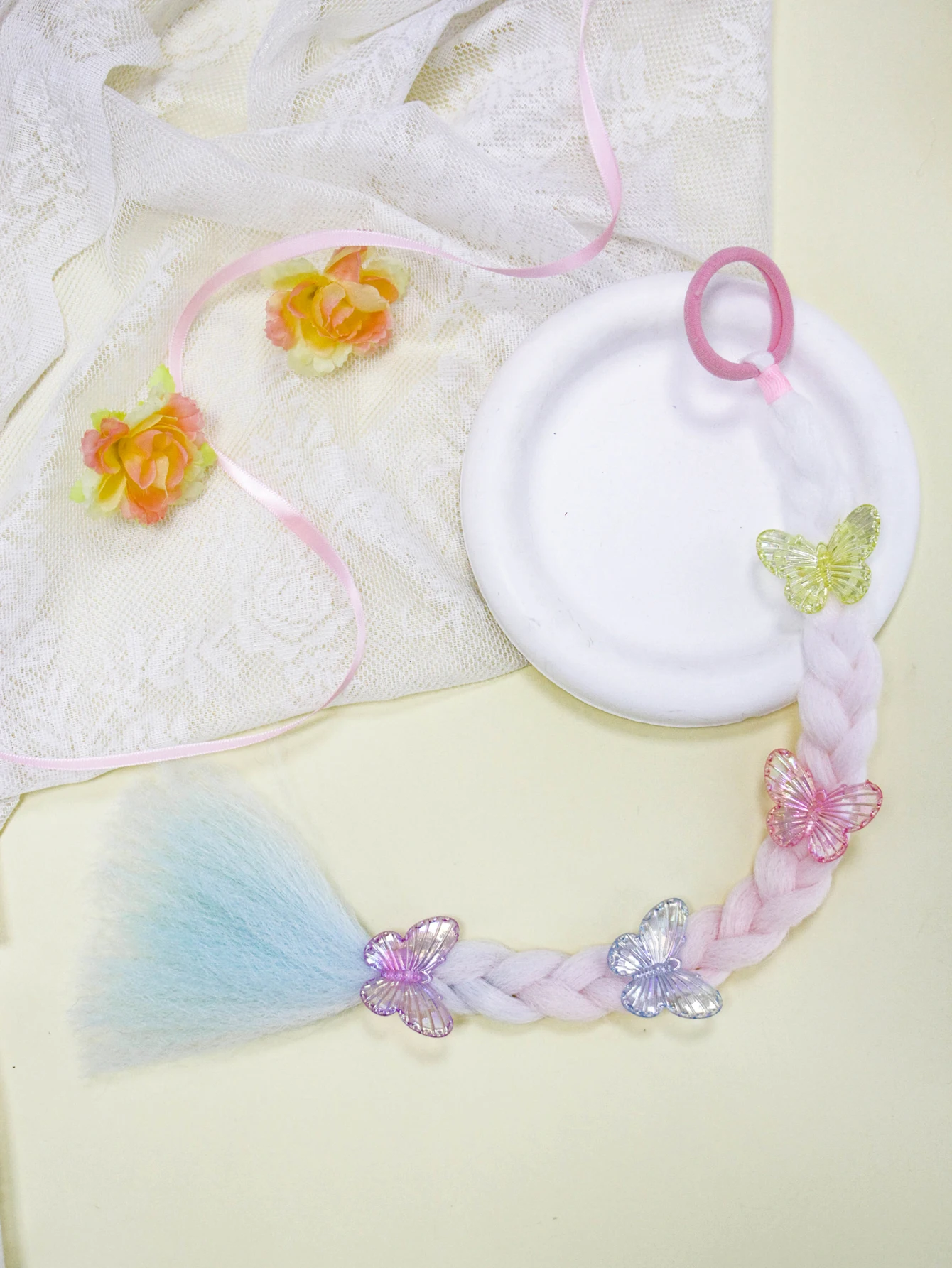 

Girl's Fairy-Tale Pink-White-Blue Gradient Butterfly Braid Hair Tie - Sweet & Cute French Braid Hair Tie with Butterflies
