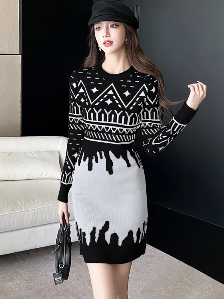 가을 겨울 레드 프린트 니트 긴팔 드레스 여성 우아한 바디콘 힙 랩 섹시 드레스 2025 한국 빈티지 페스티벌 드레스