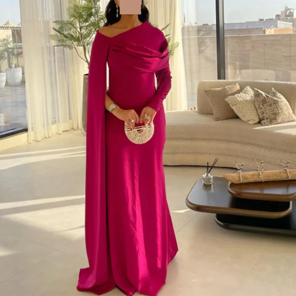 Mermaid Prom Dresses Floor Length Evening Dress Long فساتين سهرة Long Sleeve Crepe Formal Party Gown robe de soirée with Cape