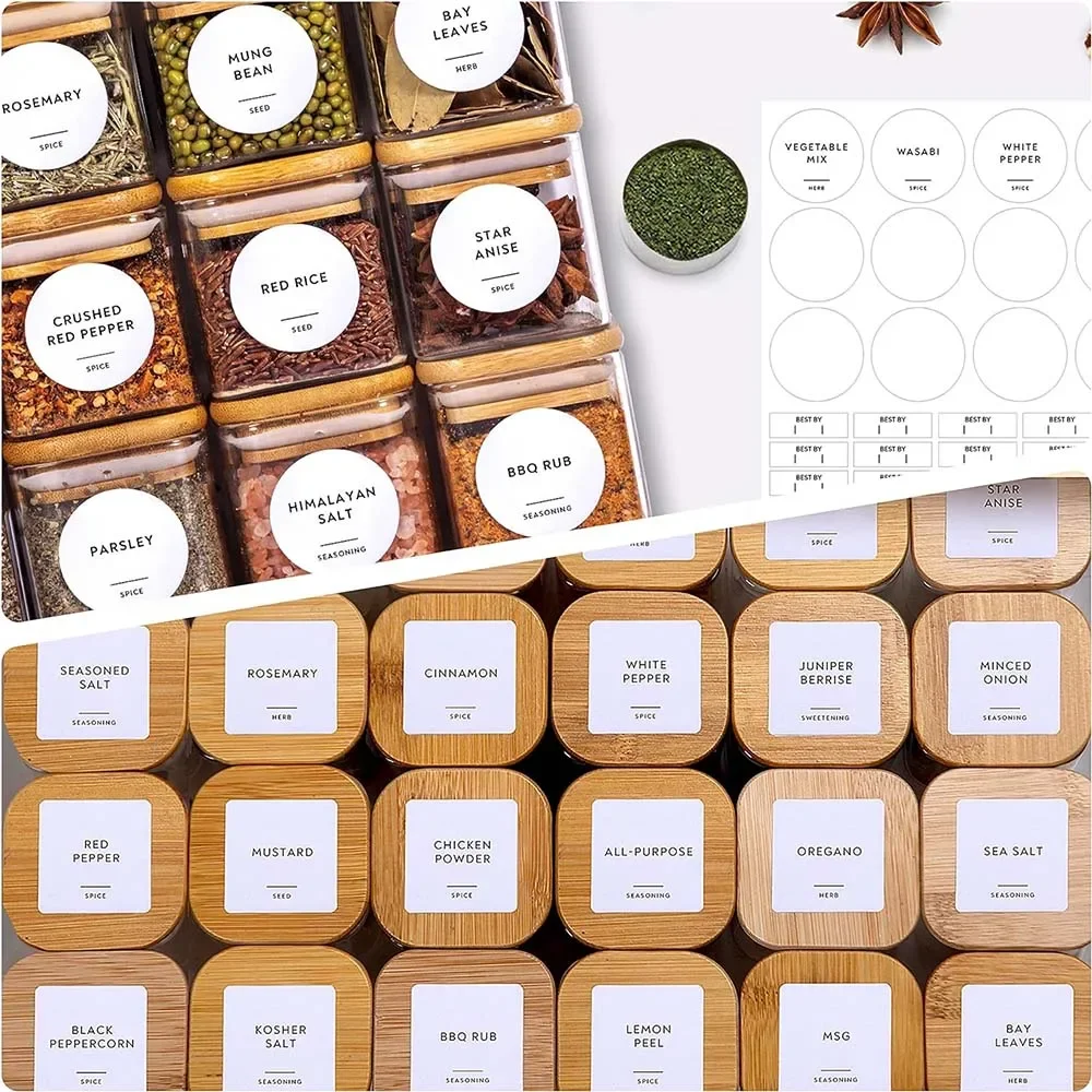 5oz Glass Jars Set with Spice Labels,Square Spice Jars with Bamboo Lids/Sticker Labels, Food Storage Container Canisters