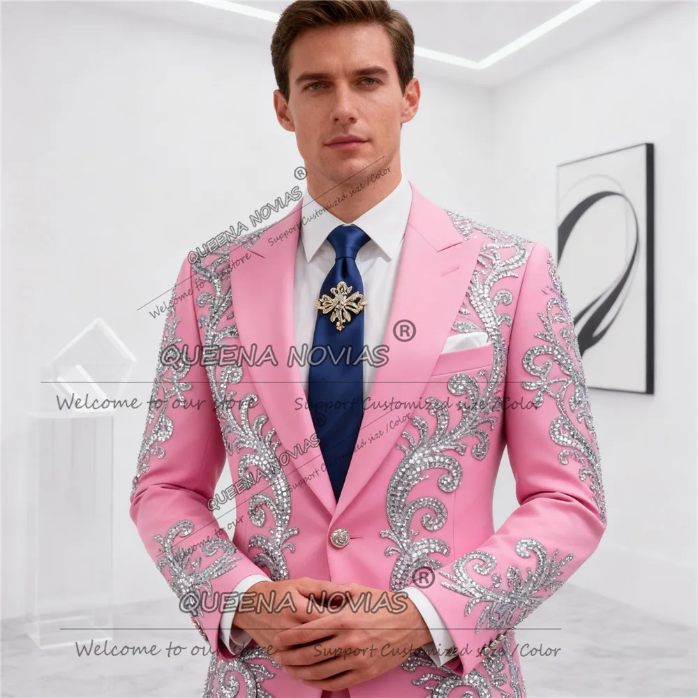 Sliver Crystals Beaded Wedding Suits For Men 2 Pieces Sets Single Breasted Jacket Pants Customized Groom Blazers Ropa Hombre