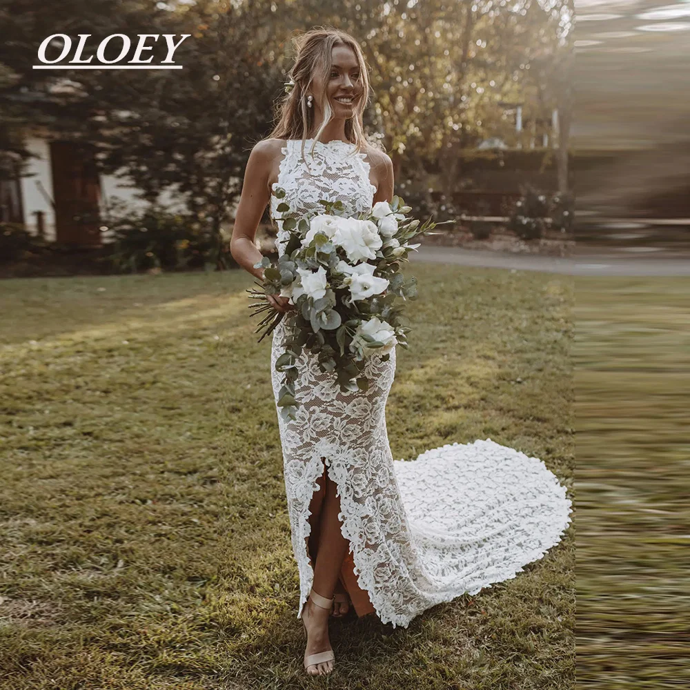

OLOEY Изысканное кружевное свадебное платье в стиле бохо с вырезом лодочкой и разрезом по бокам, сексуальное свадебное платье с иллюзией по индивидуальному заказу, Vestidos De Novia, длинный хвост