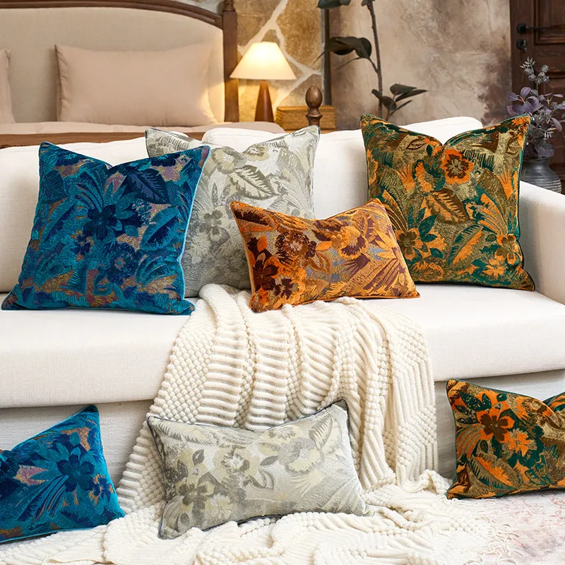 Flora Jacquard Pillows Luxury Velvet 3D Cushion Case Country Style Blue Decorative Pillow Cover For Sofa Chair Home Decorations