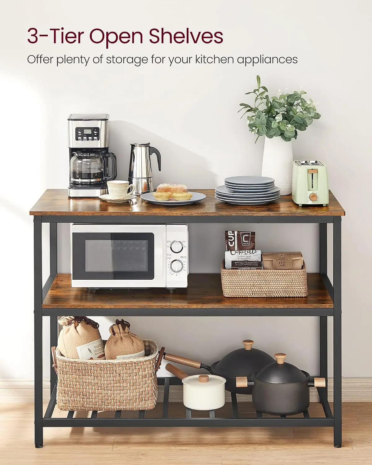 VASAGLE Kitchen Island with 3 Shelves, 47.2 Inches Width Kitchen Shelf with Large Worktop, Stable Steel Structure, Industrial, E
