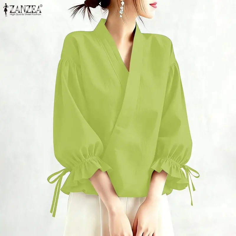 

ZANZEA Casual High-Low Blouses Woman Vintage V-Neck 3/4 Lantern Sleeve Tops Summer 2026 Solid Color Pullover Blusas de Mujer