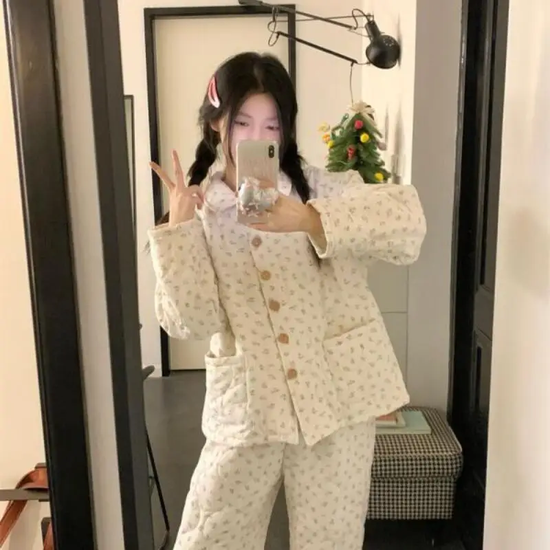 طقم بيجامة ملابس نسائية ملابس منزلية بأكمام طويلة طقم مكون من قطعتين للخريف والشتاء موضة سميكة ومريحة حلوة #5