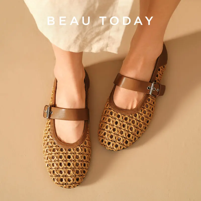 BEAUTODAY Mary Janes Women Calfskin Buckle Band Braided Strap Woven Shoes  Summer Dress Ladies Retro Flats Handmade 22221 - AliExpress 322