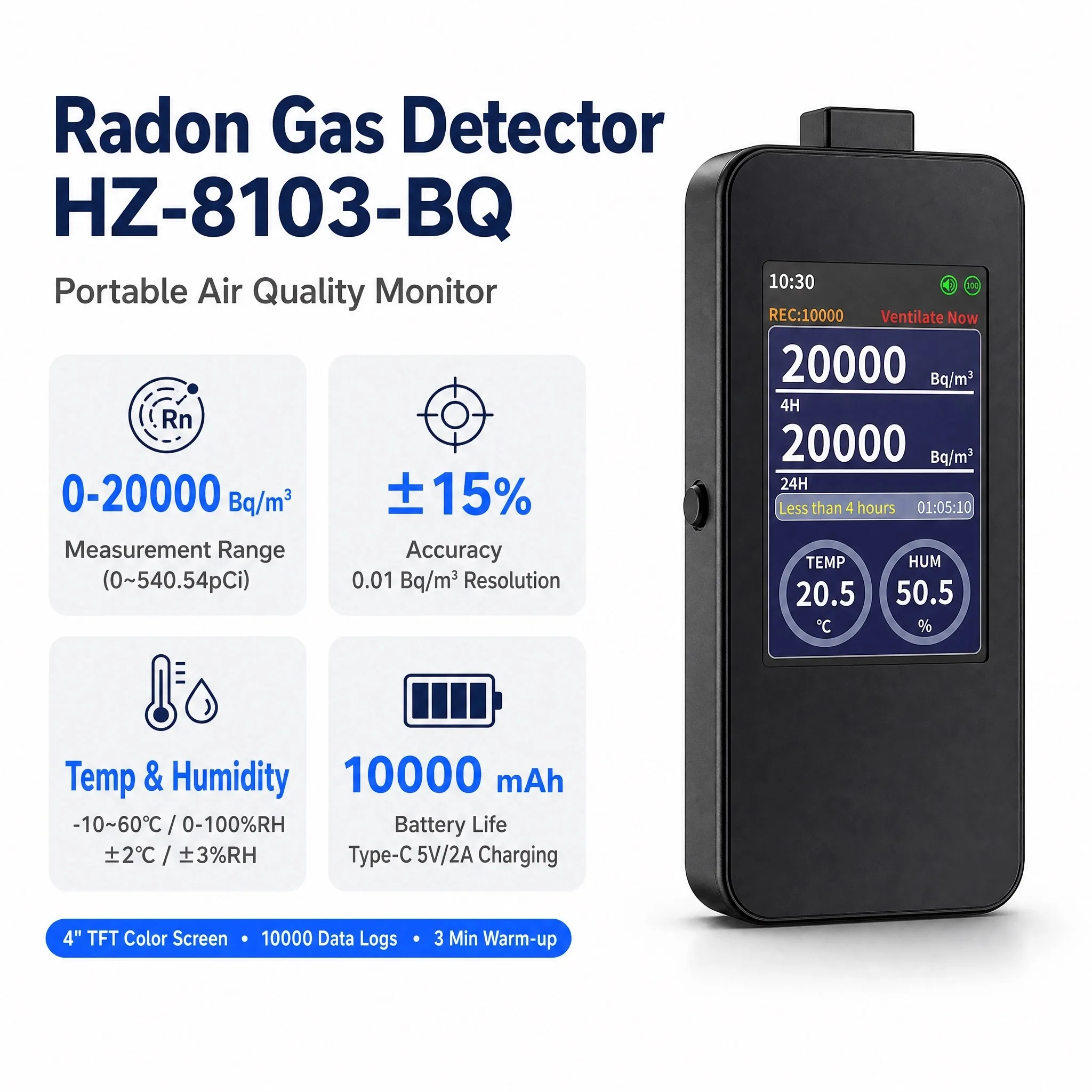 Portable Radon Detector 0-20000 Bq/m³ 4H Moving Average Tester with Temp Humidity Monitor 10000 Data Storage 4