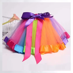 Summer Fashion Girls Rainbow Skirt Mesh Colorful Ballet Short Skirt Dance Performance Puffy Skirt Kids Birthday Party Skirt