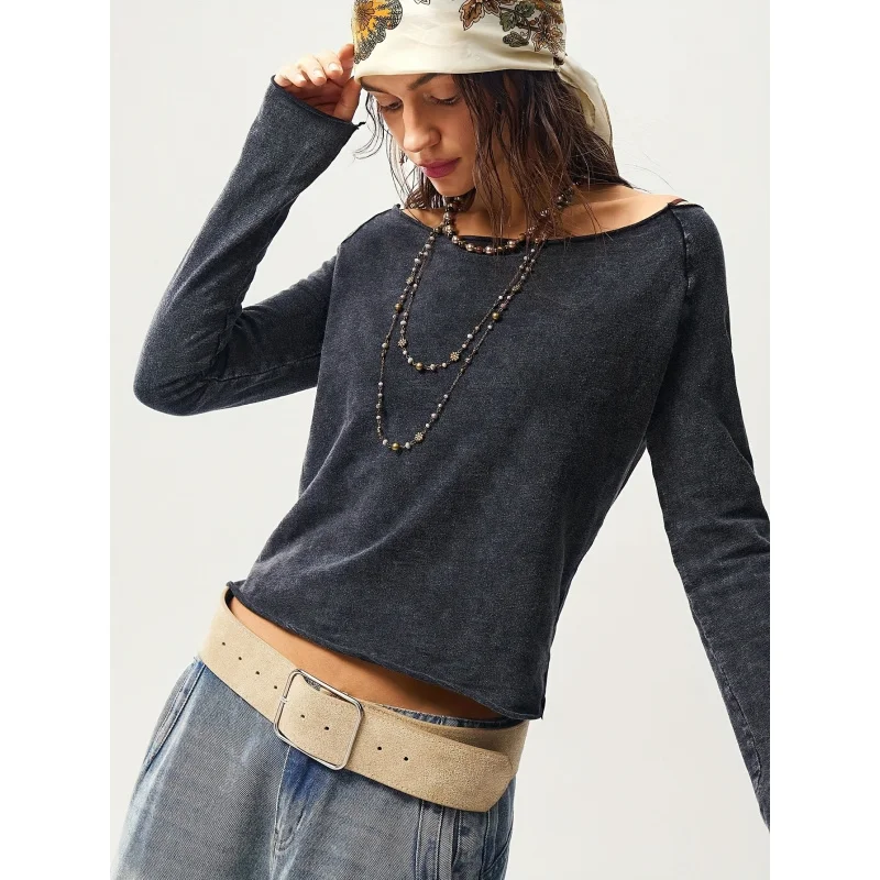 

Women's Vintage Washed Boat Neck Long Sleeve-Shirt - Soft Muted Beige/ Brown Tones, All-Season Casual Layering Top, Medium Str