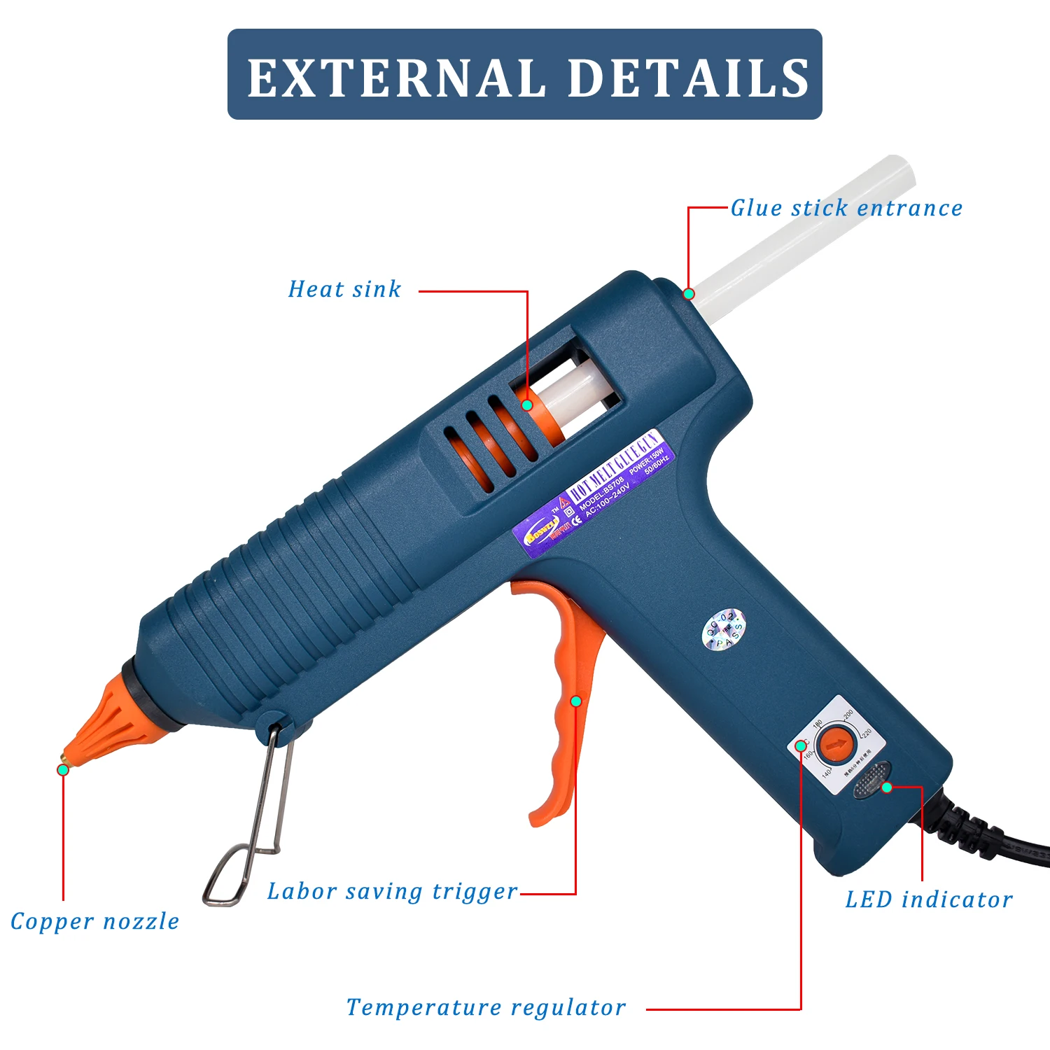 150W Hot Glue Gun Single,Temperature Adjustment For Crafts Repair DIY Use 11mm Glue Sticks Pure Copper Nozzle, Optional packages