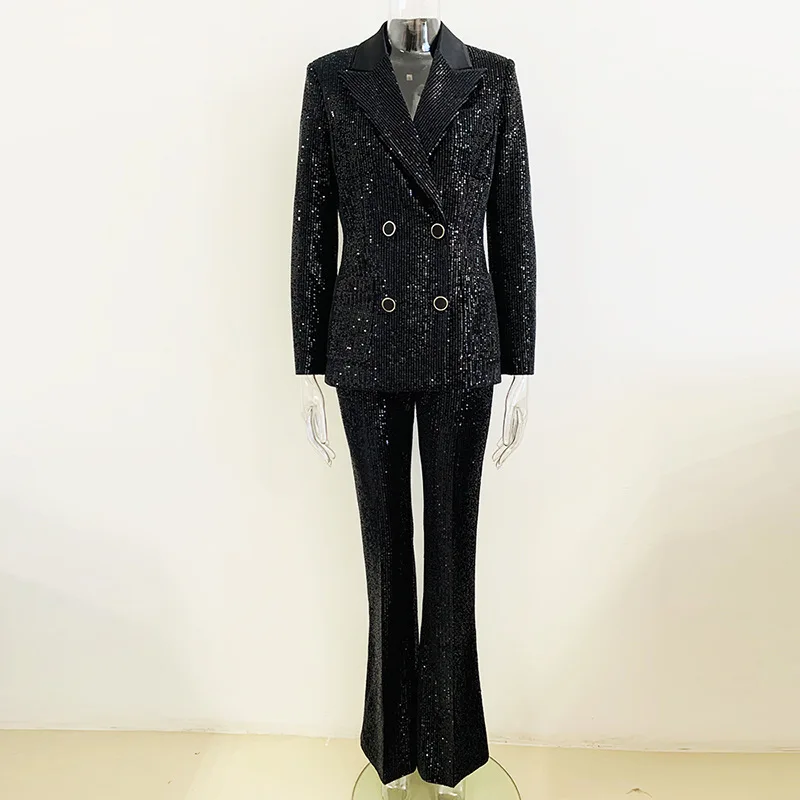 Ensemble blazer et pantalon à paillettes noires pour femmes, vêtements de travail formels pour femmes, veste élégante pour femme, manteau à double bouton, tenue de bureau