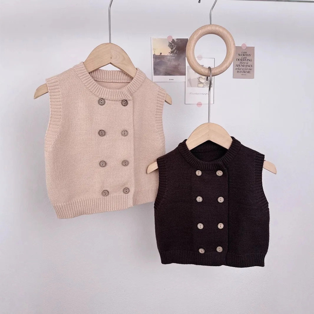 

Autumn Children Boy Sweater Cardigan Cotton Solid Round Collar Infant Babys Boy Waistcoat Korea Casual Double-breasted Knit Vest
