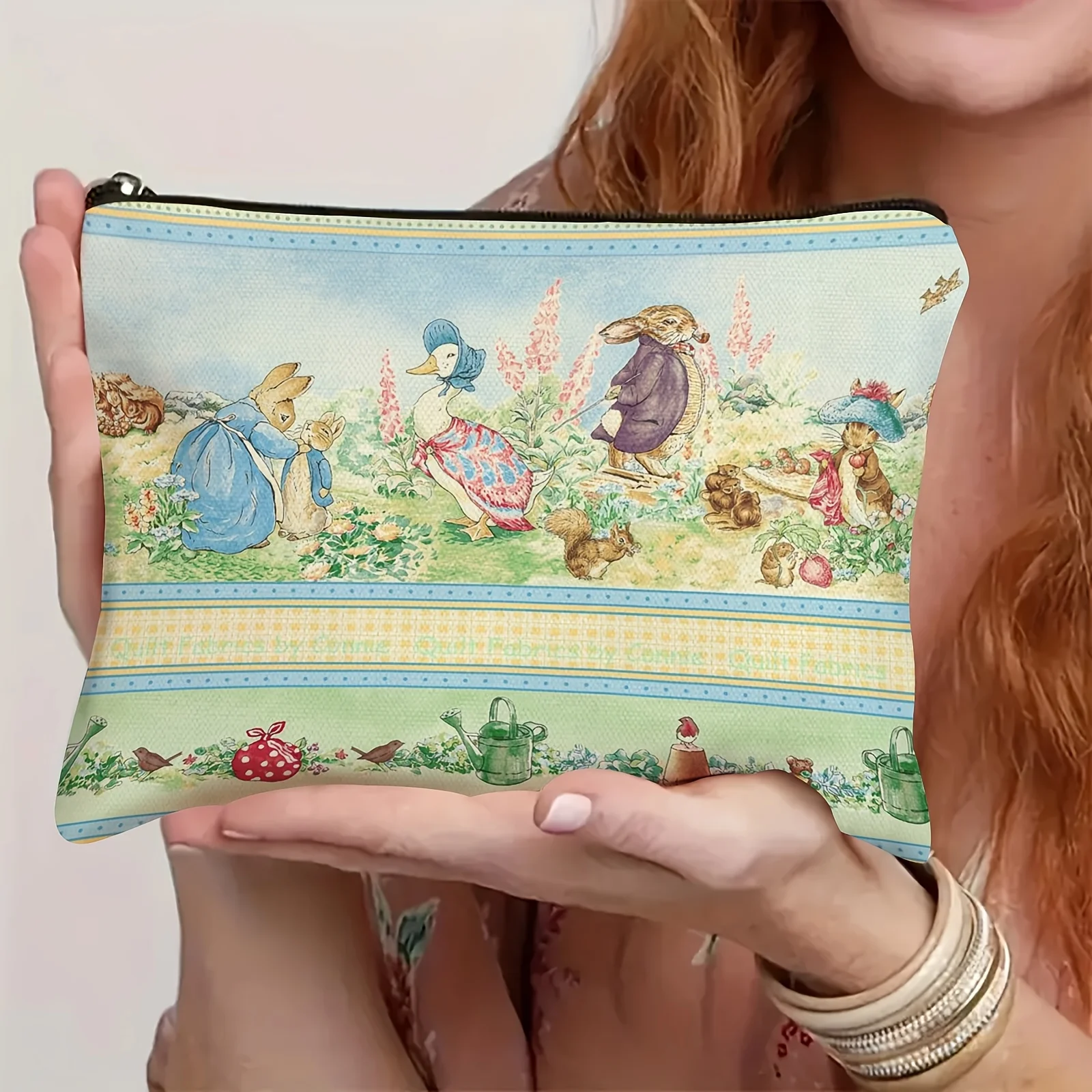 Adorable Animal Print Cosmetic Bag  Easter Spring Theme with Bunnies & Chicks Design Durable Fabric Makeup Pouch for Women