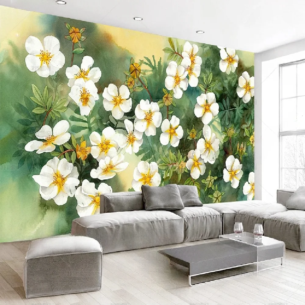 Customized mural Nordic hand-painted pink floral plant butterfly art living room bedroom TV background wall decoration wallpaper