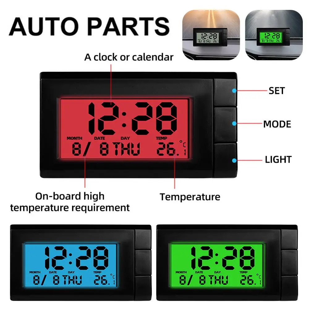 Car Thermometer Interior Digital Alarm Clock 2 in 1 Electronic Clock Temperature Gauge Mini Backlight Car Dashboard Clock