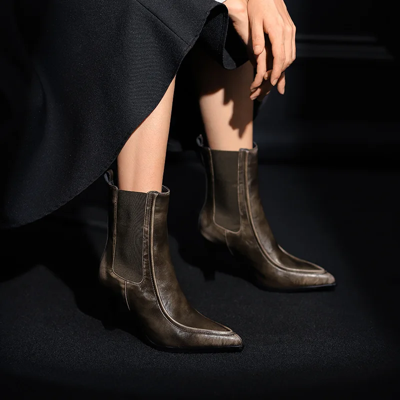 

Brown Leather Pointed Toe Chelsea Ankle Boots Fashionable Stiletto Boots Elastic Side Panels Elegant Boots for Autumn Winter