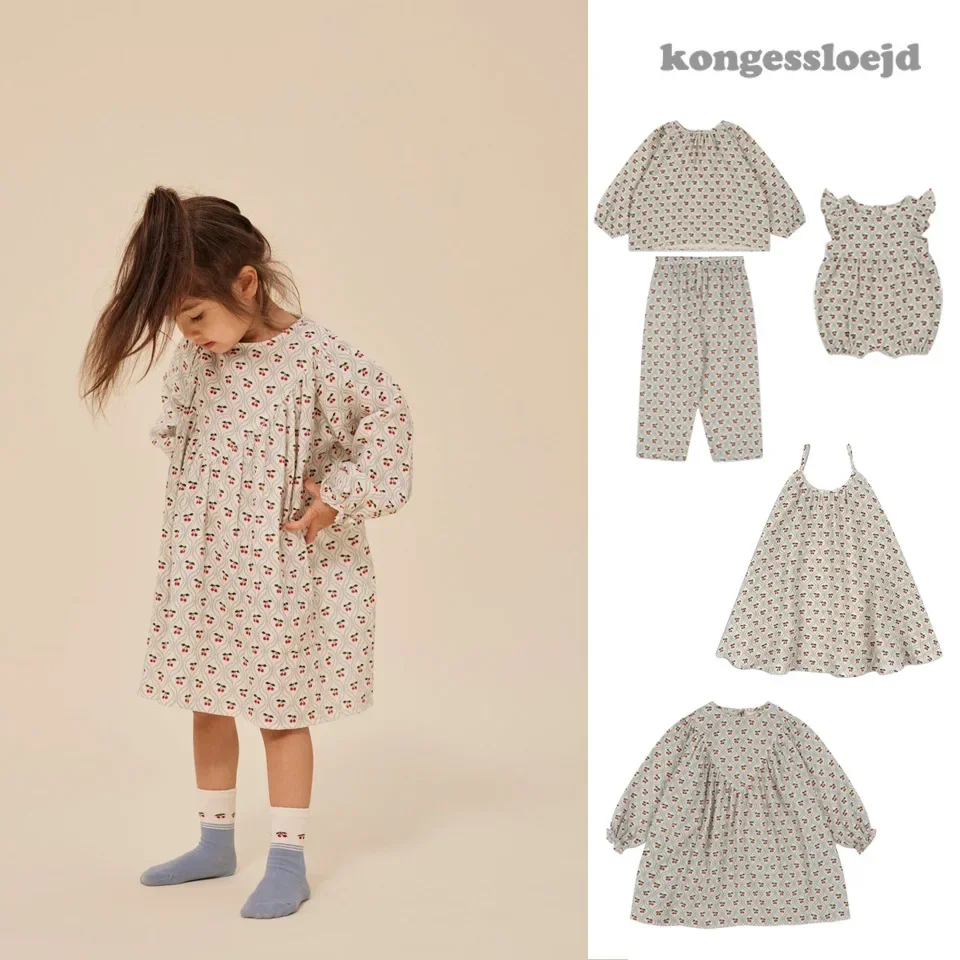 Spot 24 summer new KS girls filled with printed cherry dress anti-mosquito pants suit lace jumpsuit Konges Slojd 24SS