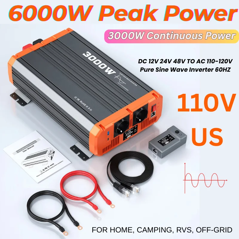 

3000W Continuous/6000W Peak Pure Sine Wave Car Inverter, Converts 12V/24V/48V DC to 110V AC, Ideal for Cars, RVs, and Boats