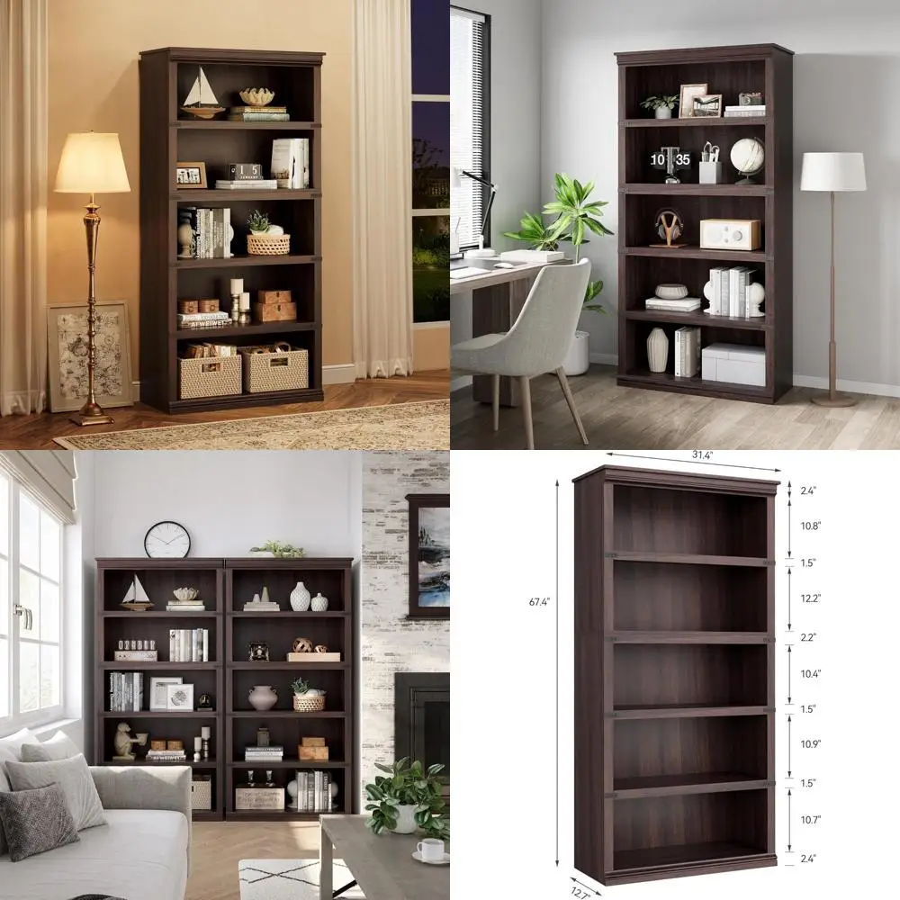 Farmhouse Style 5-Tier Wooden Bookshelf with Open Storage Display, 67.4 Tall Bookcase