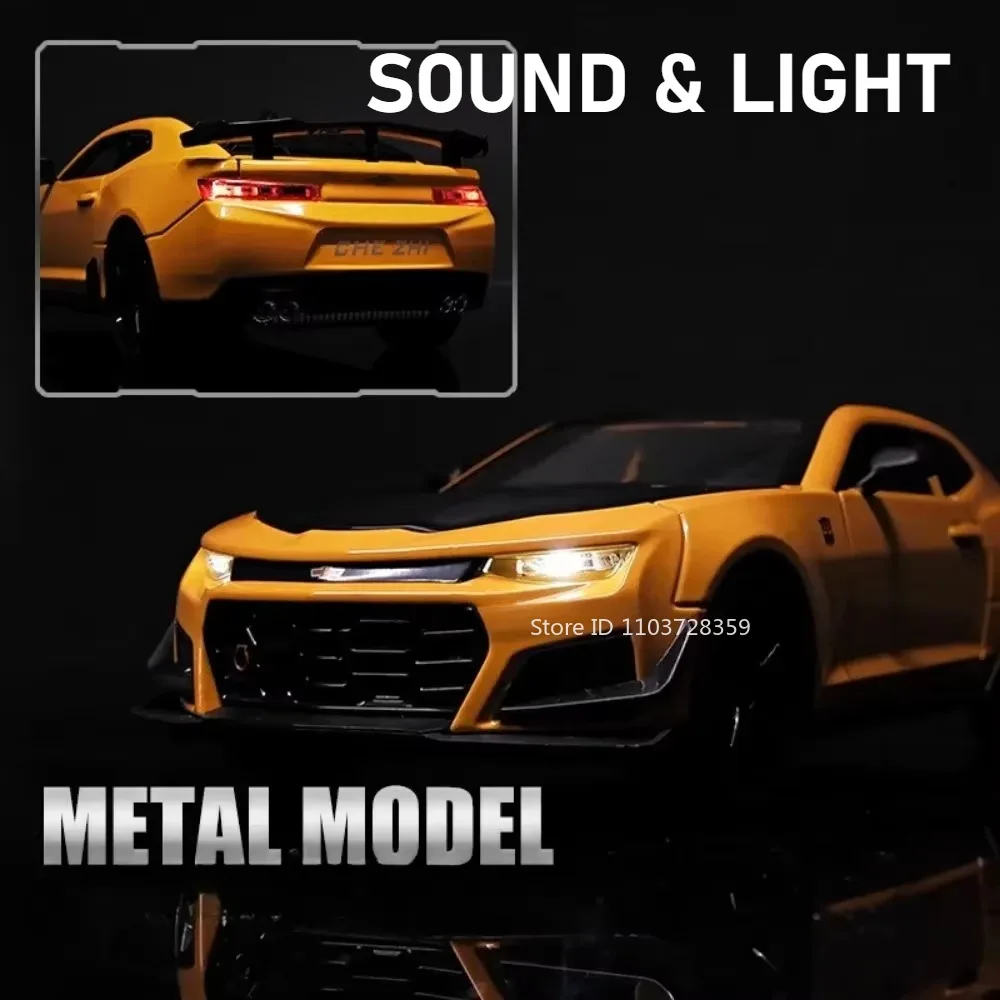 Modelo 1:24 Camaro Lykan, supercoche de juguete, aleación fundida, puertas con luz de sonido, espalda abierta, exquisito adorno de coche deportivo para niños