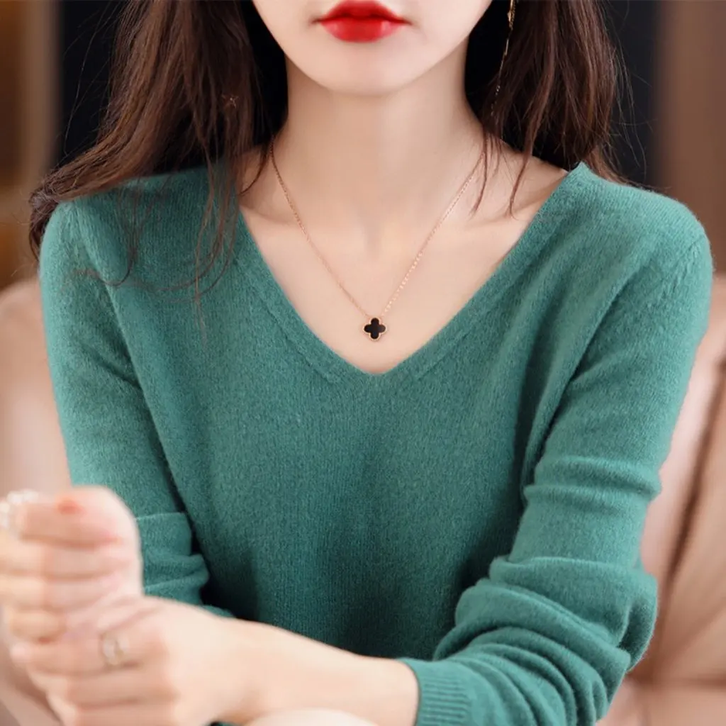 Damen-Pullover mit V-Ausschnitt, Frühlingsschwarz, lockere lange Ärmel, niedriger Kragen, gestricktes Oberteil, Hemd mit Boden