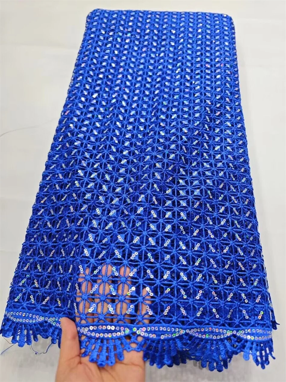 

Blue African Guipure Lace Fabric With Sequins Nigerian Embroidery Cord Cloth Mesh Water Soluble Material Dentelle Africain ZW64