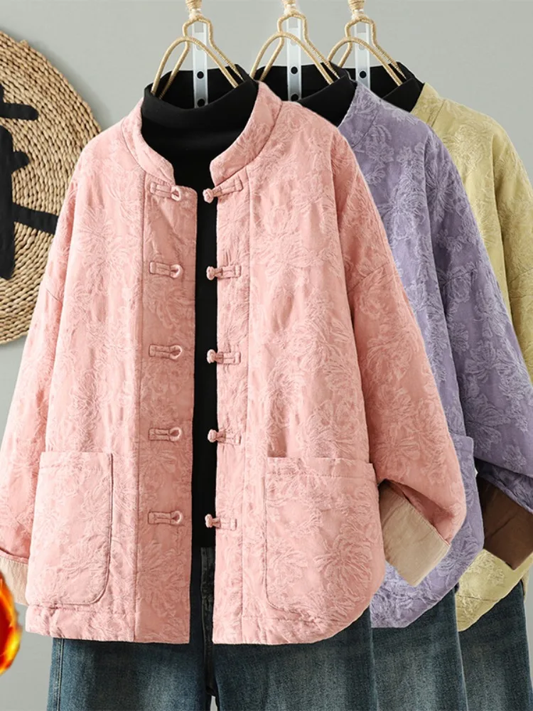 

High-End Floral Embroidered Cotton Linen Jaet Women's Winter Retro Stand Collar Buttoned Thiened Tang Costume Top