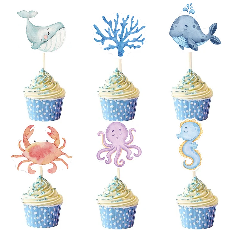 17pcs Ocean Cupcake Topper Under the Sea Turtles Shark Crab Marine Party Cake Decor Baby Shower Sea Theme Birthday Cake Supplies