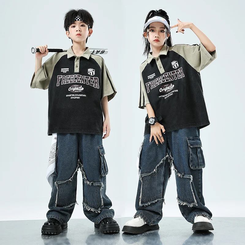 子供のためのヒップホップスタイルの服,ストリートダンスTシャツ,デニムパンツ,ジャズジョギング,子供のためのジャズコスチューム,10代のための服のセット