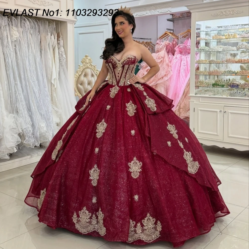 

EVLAST блестящее бордовое платье Quinceanera по индивидуальному заказу, бальное платье с золотой аппликацией и бантом из бисера, милое платье 16, Vestidos De 15 Anos E1QN438