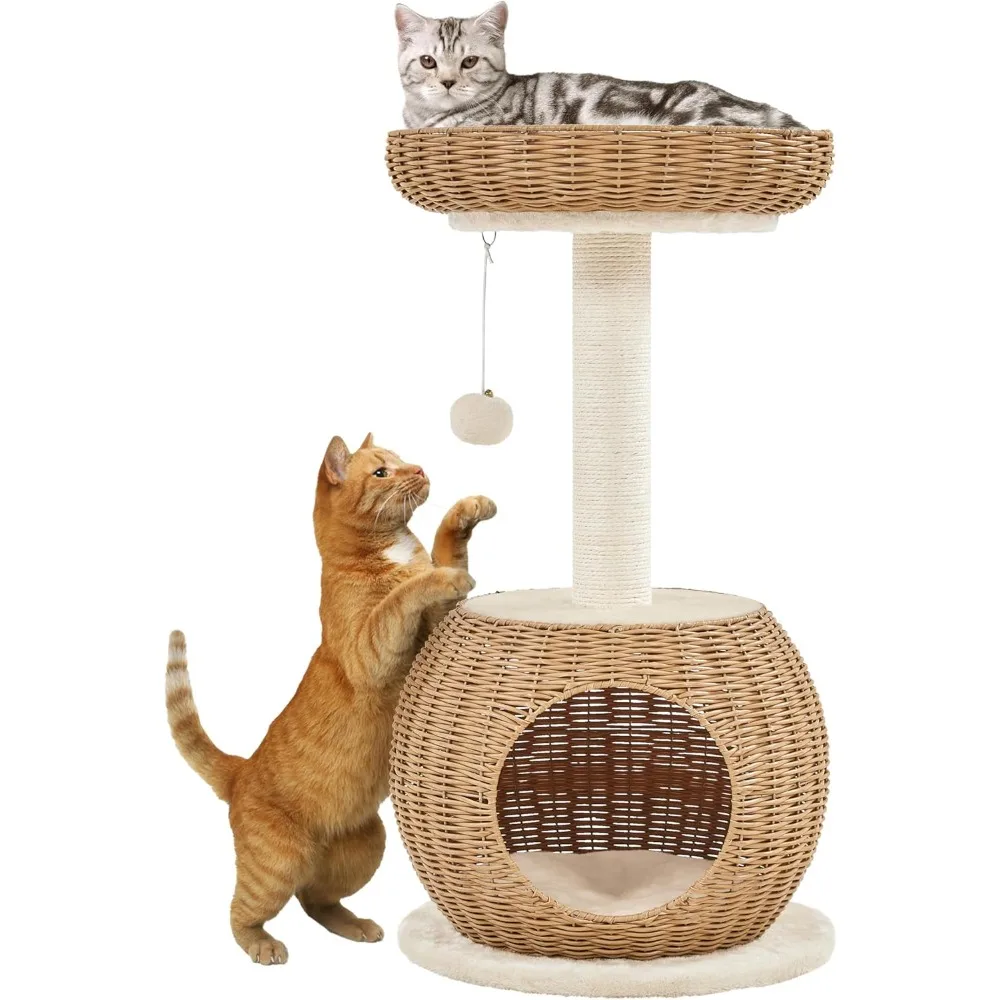 Cat Tree, Rattan Cat Climbing Tower Scratching Post, Woven Rattan Cat Condo and Soft Cushion Top Perch, Pet Furniture