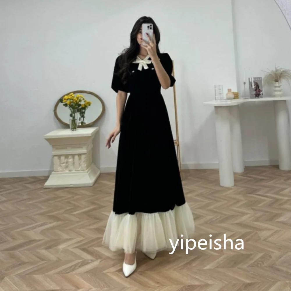 customized Bow A-line Simple Prom Dresses Draped V-neck Anke length Evening Dresses Jersey Pleat  Fashion Party Dresses