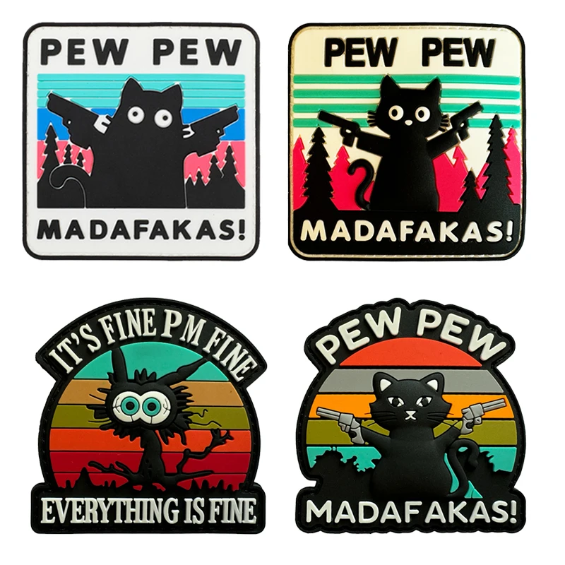 PEW PEW CAT Funny 3D PVC Tactical luminous Patch stereoscopic Hook Backing Outdoor Backpack Rubber Emblem embroidery Badge