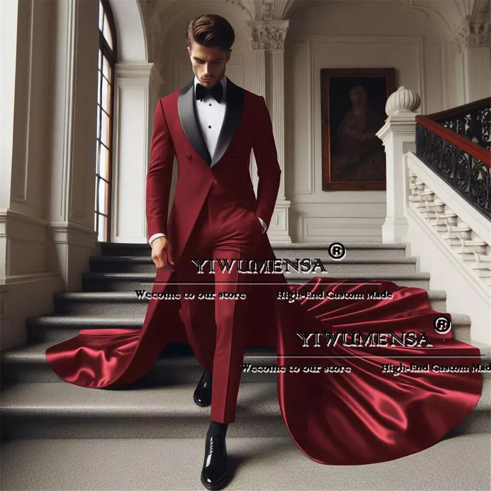 Latest Design Suits Men For Wedding Black Lapel Prom Blazer With Long Train Tailored Made Groom Banquet Wear Tuxedo Man Dresses