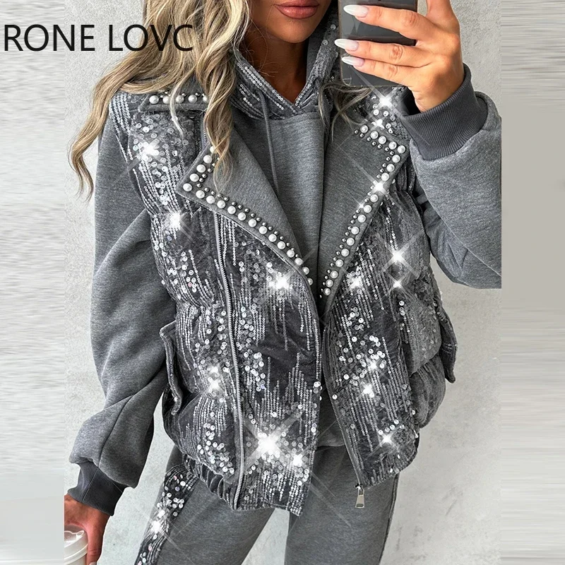 

Women Beading Decoration with Pockets Sequins Women Sporty Vests